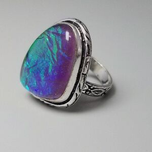 Vintage Multicolor Glass Cabochon Ring, Silver Tone Size 8 Band, Bezel Set
